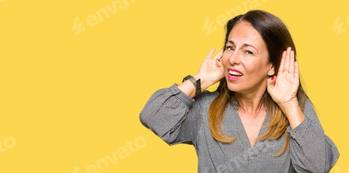 Preview: Beautiful Middle Age Business Woman Trying To Hear Both Hands On Ear Gesture, Curious For Gossip