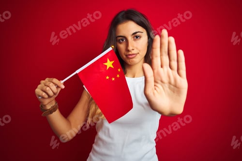 Preview: Young Woman Holding Flag Of China Over Red Isolated Background With Open Hand Doing Stop Sign With