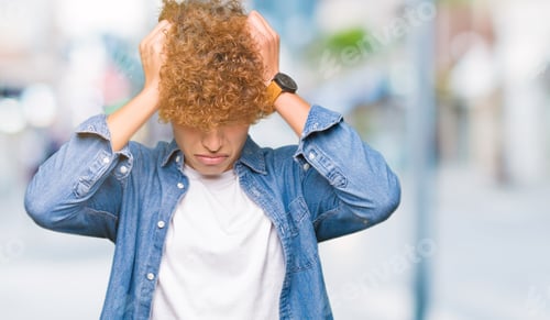 Preview: Young Handsome Man With Afro Hair Wearing Denim Jacket Suffering From Headache Desperate And
