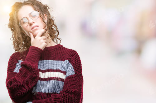 Preview: Beautiful Brunette Curly Hair Young Girl Wearing Glasses Over Isolated Background Looking Confident