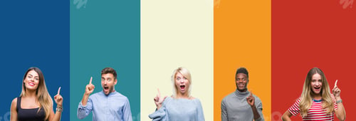 Preview: Collage Of Group Of Young People Over Colorful Vintage Isolated Background Pointing Finger Up With