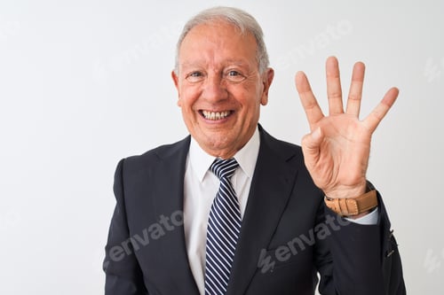 Preview: Senior Grey-Haired Businessman Wearing Suit Standing Over Isolated White Background Showing And