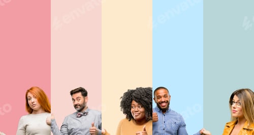 Preview: Cool Group Of People, Woman And Man Thumb Up Holding Something In Empty Hand And Making Ok Gesture