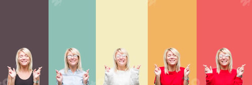 Preview: Collage Of Beautiful Blonde Woman Over Vintage Isolated Background Smiling Crossing Fingers With