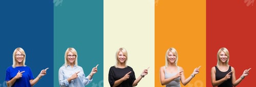 Preview: Collage Of Beautiful Blonde Woman Over Colorful Vintage Isolated Background Smiling And Looking At