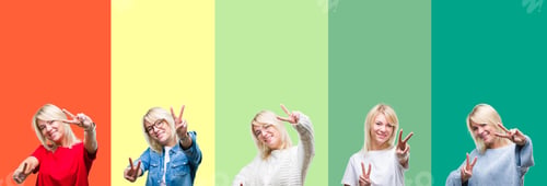Preview: Collage Of Beautiful Blonde Woman Over Vivid Vintage Isolated Background Smiling Looking To The