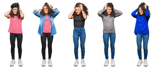 Preview: Collage Of Beautiful Young Woman With Curly Hair Over White Isolated Background Suffering From