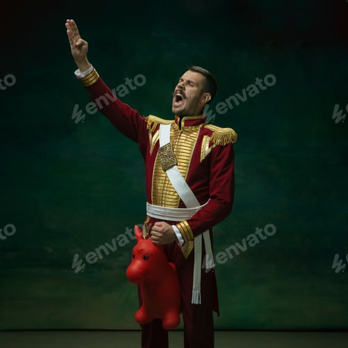 Preview: Young Man In Suit As Nicholas Ii Isolated On Dark Green Background. Retro Style, Comparison Of Eras