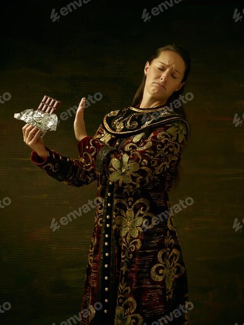 Preview: Girl Standing In Russian Traditional Costume. Woman Is Wearing In Old Retro Boyary Outfit At Darl