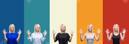 Preview: Collage Of Beautiful Blonde Woman Over Colorful Vintage Isolated Background Showing And Pointing Up