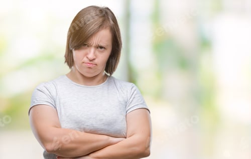 Preview: Young Adult Woman With Down Syndrome Over Isolated Background Skeptic And Nervous, Disapproving