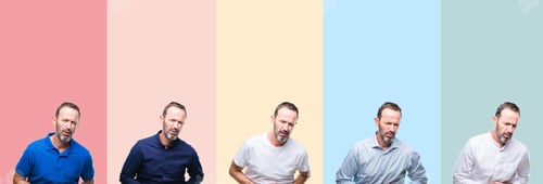 Preview: Collage Of Senior Hoary Handsome Man Over Colorful Stripes Isolated Background With Hand On Stomach