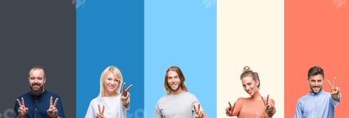 Preview: Collage Of Casual Young People Over Colorful Stripes Isolated Background Smiling Looking To The