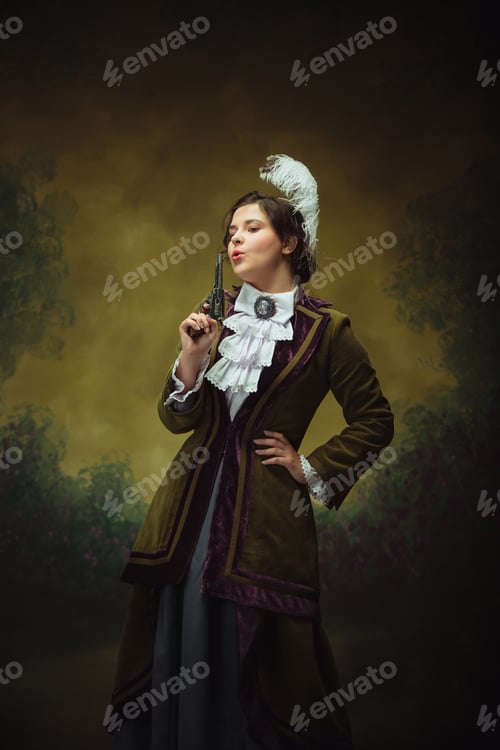 Preview: Shoting Gun. Modern Trendy Look, Portrait Of Renaissance Period Beautiful Woman. Retro Style