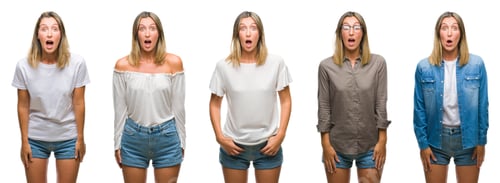 Preview: Collage Of Blonde Beautiful Woman Wearing Casual Look Over White Isolated Backgroud Afraid And