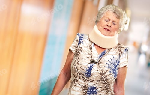 Preview: A Senior Woman Wearing A Neck Brace, Indoor
