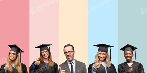 Preview: Senior Teacher With His Graduate Students Smiling Broadly Showing Thumbs Up Gesture To Camera