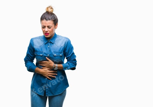 Preview: Young Beautiful Woman Over Isolated Background With Hand On Stomach Because Indigestion, Painful