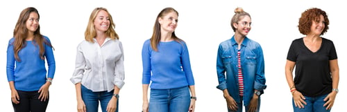 Preview: Collage Of Group Of Beautiful Women Over White Isolated Background Looking Away To Side With Smile