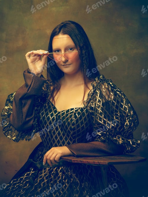 Preview: Eyewear Pink. Young Woman As Mona Lisa, La Gioconda Isolated On Dark Green Background. Retro Style