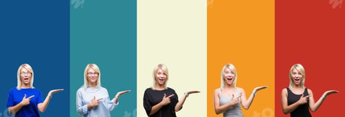 Preview: Collage Of Beautiful Blonde Woman Over Colorful Vintage Isolated Background Amazed And Smiling To