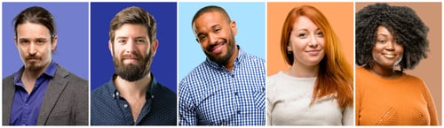 Preview: Smiling Adults with Unique Expressions on Colorful Backgrounds