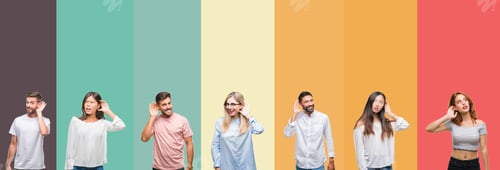 Preview: Collage Of Different Ethnics Young People Over Colorful Stripes Isolated Background Smiling With