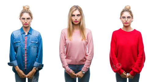 Preview: Collage Of Young Beautiful Blonde Woman Over Isolated Background Skeptic And Nervous, Frowning