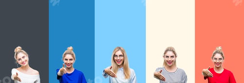 Preview: Collage Of Young Beautiful Blonde Woman Over Vivid Colorful Vintage Stripes Isolated Background