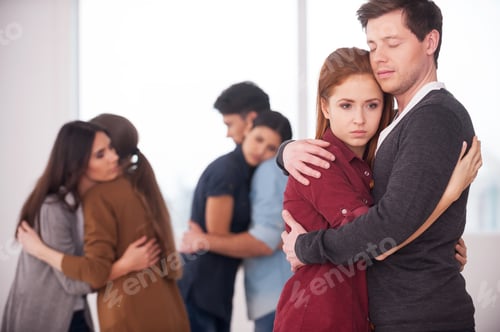 Preview: People We Can Trust. Group Of Depressed People Hugging Each Other