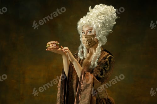 Preview: Portrait Of Medieval Young Woman In Vintage Clothes, Golden Face Mask Going To Eat Burger On Dark