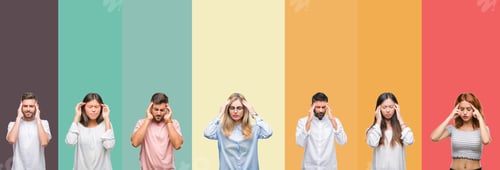 Preview: Group of Adults Experiencing Headaches Against Colorful Background