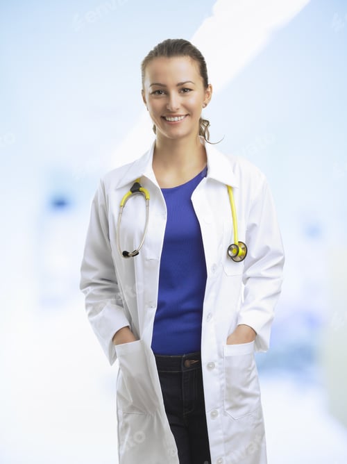 Preview: Smiling Woman in Lab Coat Holding Yellow Stethoscope