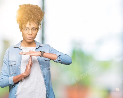 Preview: Beautiful Young African American Woman Wearing Glasses Over Isolated Background Doing Time Out