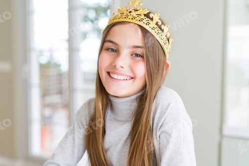 Preview: Beautiful Young Girl Wearing A Golden Crown As A Princess From Fairytale With A Happy And Cool