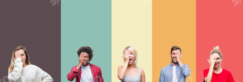 Preview: Collage Of Group Of Young People Over Colorful Vintage Isolated Background Covering One Eye With