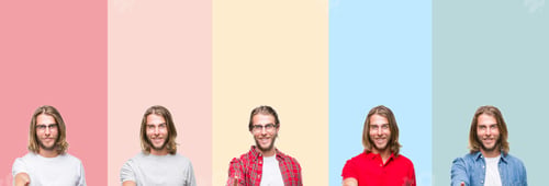 Preview: Collage Of Young Handsome Man Over Colorful Stripes Isolated Background Smiling Friendly Offering
