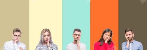 Preview: Collage Of Group Of Young People Over Colorful Isolated Background Thinking Looking Tired And Bored