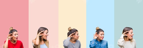 Preview: Collage Of Young Beautiful Woman Over Colorful Vintage Stripes Isolated Background Smiling With