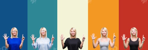 Preview: Collage Of Beautiful Blonde Woman Over Colorful Vintage Isolated Background Showing And Pointing Up