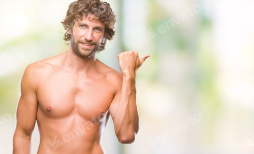 Preview: Handsome Hispanic Model Man Sexy And Shirtless Over Isolated Background Smiling With Happy Face