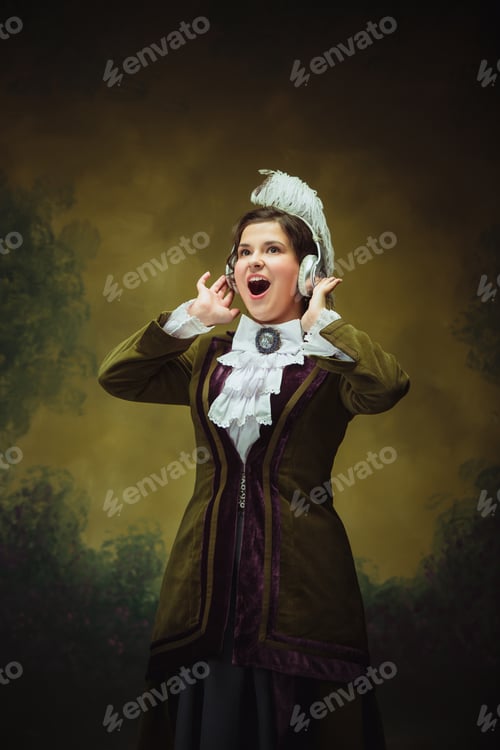 Preview: Excited Listening To Music. Modern Trendy Look, Portrait Of Renaissance Period Woman. Retro Style