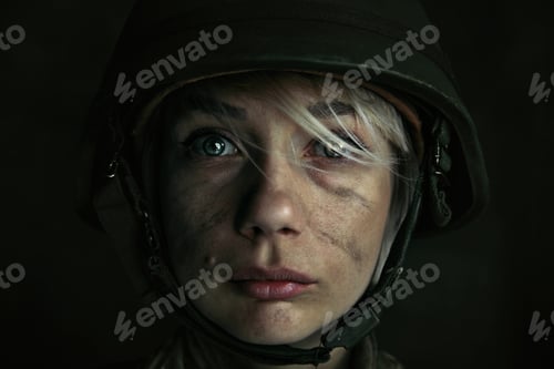 Preview: Only One Chance To Be Alive. Close Up Portrait Of Young Female Soldier. Woman In Military Uniform