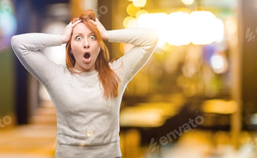 Preview: Beautiful Young Redhead Woman Stressful Keeping Hands On Head, Terrified In Panic, Shouting At Night