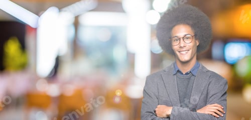 Preview: Young African American Business Man With Afro Hair Wearing Glasses Happy Face Smiling With Crossed