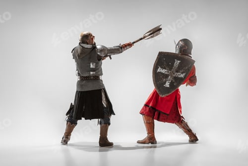 Preview: Brave Armored Knights With Professional Weapon Fighting Isolated On White Studio Background
