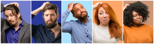 Preview: Group Of Cool People, Woman And Man Doubt Expression, Confuse And Wonder Concept, Uncertain Future