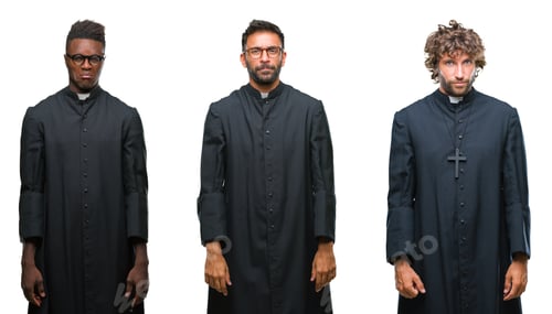 Preview: Collage Of Christian Priest Men Over Isolated Background Depressed And Worry For Distress, Crying