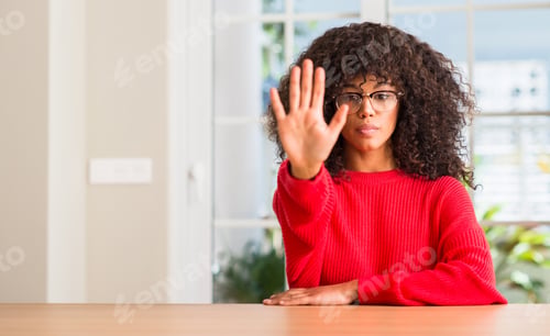 Preview: African American Woman Wearing Glasses With Open Hand Doing Stop Sign With Serious And Confident