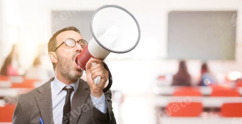 Preview: Teacher Man Using Glasses Communicates Shouting Loud Holding A Megaphone, Expressing Success And